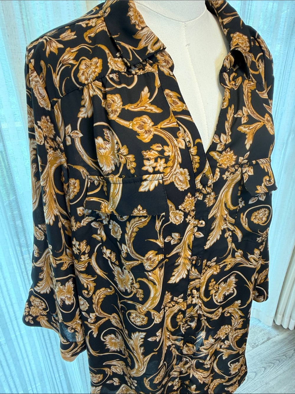 torrid Black Blouse with Mustard Floral Scroll Print - Picture 3 of 7